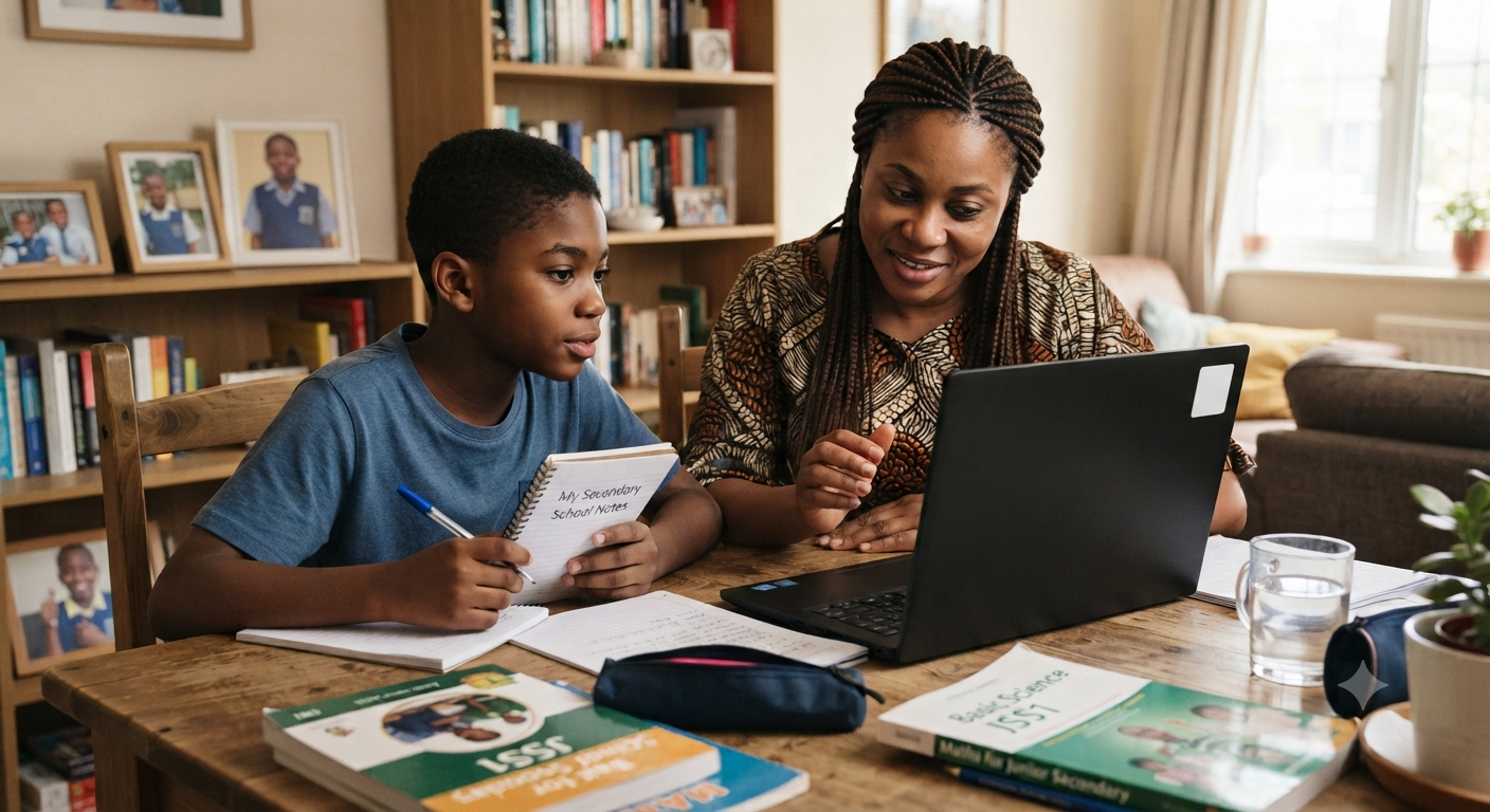 A parent and child studying together